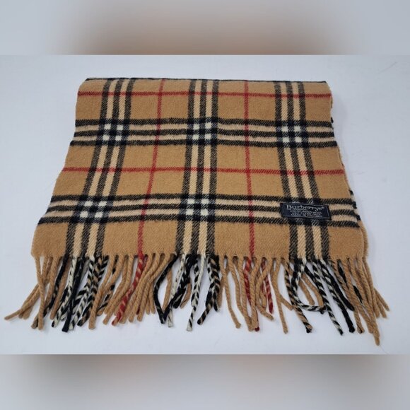 Burberry Vintage Scarf Nova Check Camel Lambswool England 90s Y2K 61" x 11.75" - Picture 1 of 15